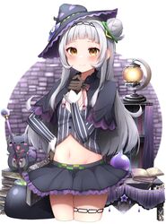  blush cooking_pot feline female gloves grey_hair hair_bun hat highres hololive long_hair murasaki_shion murasaki_shion_(1st_costume) navel pepushi_drow shiokko_(murasaki_shion) single_hair_bun skirt smile solo_focus striped thighs vertical_stripes very_long_hair virtual_youtuber witch witch_hat 