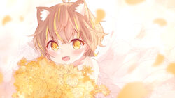  :d ahoge animal_ear_fluff animal_ears annin_miru bare_shoulders blonde_hair blurry blurry_background blush bouquet brown_hair collarbone commentary_request depth_of_field dress female flower hair_between_eyes highres maka_neko multicolored_hair oerba_yun_fang open_mouth rose see-through smile solo streaked_hair virtual_youtuber yahoo! yellow_eyes yellow_flower yellow_rose 