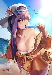  absurdres bandeau bare_shoulders baseball_cap bb_(fate) bb_(swimsuit_mooncancer)_(fate) bb_(swimsuit_mooncancer)_(first_ascension)_(fate) beach blue_sky blush breasts cleavage collarbone cropped_jacket day eating fate/grand_order fate_(series) female food hat hat_ornament highres jacket large_breasts leaning_forward long_hair long_sleeves looking_at_viewer miniskirt navel ocean off_shoulder okoru_ringo open_mouth outdoors popsicle purple_eyes purple_hair sideways_hat skirt sky star_(symbol) star_hat_ornament sunlight thighs very_long_hair white_headwear yellow_jacket yellow_skirt 