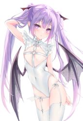  absurdres arm_behind_back arm_behind_head arm_up borrowed_character breasts covered_navel covered_nipples demon_girl demon_wings eve_(rurudo) female garter_straps groin hand_in_own_hair highres leotard long_hair original purple_eyes ririge small_breasts solo thigh_strap thighhighs thighs twintails very_long_hair white_leotard white_thighhighs wings 