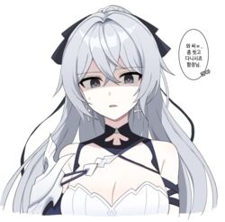  armor bare_shoulders black_eyes bow breasts bright_pupils bronya_zaychik bronya_zaychik_(silverwing:_n-ex) cleavage commentary_request cropped_torso female grey_hair hairbow highres honkai_(series) honkai_impact_3rd korean_commentary korean_text large_breasts lix_(iroiro3843) long_hair looking_at_viewer open_mouth pauldrons ponytail shaded_face shoulder_armor simple_background single_pauldron sleeveless solo speech_bubble sweatdrop translation_request white_background 