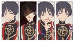  1boy armor blue_eyes blue_hair chinikuniku expressions genshin_impact hat highres japanese_armor japanese_clothes kote kurokote looking_at_viewer male_focus multiple_views no_headwear open_mouth scaramouche_(genshin_impact) shaded_face simple_background smile 