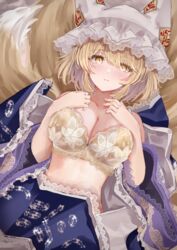  animal_ears blonde_hair blush bra breasts cleavage closed_mouth collarbone dress female fox_ears fox_tail hat highres large_breasts looking_at_viewer mob_cap multiple_tails sarasadou_dan short_hair solo tail touhou underwear white_dress white_hat wide_sleeves yakumo_ran yellow_bra yellow_eyes 