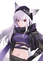  animal_ears arknights crop_top e-bushi ears_through_headwear female fox_ears fox_girl frostleaf_(arknights) frostleaf_(breaking_the_ice)_(arknights) highres long_hair looking_at_viewer midriff navel official_alternate_costume red_eyes simple_background solo upper_body white_background white_hair woollen_cap 