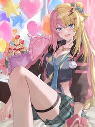  balloon blonde_hair blue_eyes blue_necktie blush breasts cleavage cropped_jacket female green_skirt hair_bun hair_ornament heart_balloon highres jewelry konchi_(63438789) kotoka_torahime lightning_bolt_hair_ornament lightning_bolt_symbol long_hair multicolored_hair necklace necktie nijisanji nijisanji_en pink_hair red_nails skirt solo split-color_hair thigh_strap two-tone_hair virtual_youtuber x_hair_ornament 