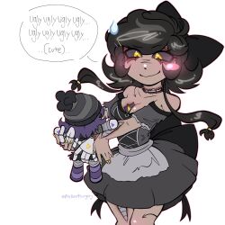  blush bow commentary cyn_(murder_drones) english_commentary female glitch_productions hairbow highres holding holding_stuffed_toy long_bangs murder_drones nervous prepare4surgery skirt stuffed_toy uzi_(murder_drones) waist_bow yuri 