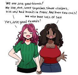  2girls black_hair fig_(murgoten) flat_chest freckles green_sweater hand_on_hip holding_hands magenta_hair medium_breasts melona_(murgoten) mole murgoten red_tank_top simple_eyes smile sweater tagme talking text 