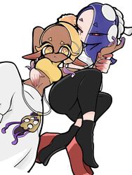  2024 2girls arm_grab black_body black_eyelashes black_mask black_pants black_skin blue_eyebrows blue_hair breasts chest_sarashi clothed clothing dark_skinned_female digital_drawing_(artwork) digital_media_(artwork) dipstick_fingers female female_only frye_(splatoon) frye_onaga hair_over_eye hair_over_one_eye hand_on_arm headband headwear hi_res indian_clothes indian_female japanese_clothes japanese_female light-skinned_female light_body light_skin looking_at_viewer nintendo pointy_eared_humanoid pointy_ears red_pupils sarashi see_through shiver_(splatoon) shiver_hohojiro simple_background splatoon splatoon_(series) splatoon_3 stomach tabi tabi_socks tentacle tentacle_hair thick_thighs white_background white_pants yellow_eyebrows yellow_eyelashes yellow_eyes yellow_hair yellow_pupils yellow_shirt 