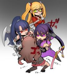  4girls akiyama_rinko angry axe bare_shoulders battle_axe blonde_hair blood blue_hair boots breasts brown_hair bullying chibi dress elbow_gloves female full_body glasses gloves green_eyes holding holding_weapon horns injury katana kosaka_shizuru large_breasts lilith-soft long_hair looking_at_viewer multiple_girls ponytail punching red_eyes rina_(taimanin_asagi) serious shindou_l shiny shiny_skin short_dress skirt squatting sword taimanin_(series) taimanin_asagi taimanin_rpgx translation_request trembling twintails very_long_hair violence weapon yatsu_murasaki 