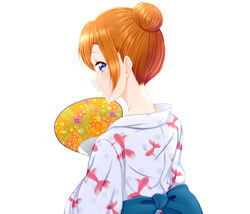  animal_print blue_eyes commentary_request female fish_print from_above goldfish_print hair_between_eyes hair_bun hand_fan holding holding_fan japanese_clothes kimono kosaka_honoka looking_at_viewer looking_back love_live! love_live!_school_idol_project nape open_mouth orange_hair print_kimono roaru_(gyuren) short_hair simple_background single_hair_bun solo upper_body white_background white_kimono 