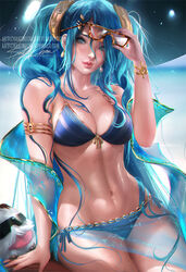  bikini blue_eyes blue_hair breasts female league_of_legends long_hair sakimichan sona_buvelle swimsuit tail twintails 