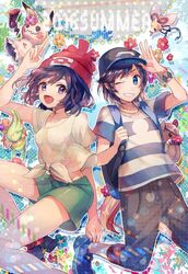  2016 ;) ;d adjusting_clothes adjusting_hat arm_up backpack bag baseball_cap beanie black_hair blue_eyes comfey cutiefly female flower gen_7_pokemon hat highres mimikyu mizuki_(pokemon) naru_(andante) one_eye_closed open_mouth pokemon pokemon_(creature) pokemon_(game) pokemon_sm purple_eyes shirt short_hair shorts smile striped striped_shirt t-shirt tied_shirt you_(pokemon) yungoos z-ring 