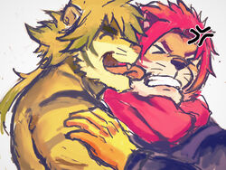  4:3 angry anthro blonde_hair countershading duo episode0006 felid fur hair licking lifewonders long_hair macan_(tas) male male/male mammal muscular muscular_male nomad_(tas) pantherine red_hair scarf striped_body striped_fur stripes tiger tokyo_afterschool_summoners tongue tongue_out 