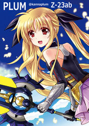  :d bardiche_(nanoha) bardiche_(straight_saber_form)_(nanoha) belt black_ribbon blonde_hair blue_background brown_belt commentary_request detached_sleeves fate_testarossa fate_testarossa_(blaze_form_ii) female floating_hair gauntlets hair_between_eyes hair_ribbon holding holding_sword holding_weapon kanna_(plum) long_hair looking_at_viewer lyrical_nanoha mahou_shoujo_lyrical_nanoha_reflection miniskirt open_mouth photoshop_(medium) pink_skirt pleated_skirt red_eyes ribbon skin_tight skirt sky smile solo sword twintails upper_body very_long_hair weapon 