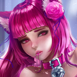  animal_ears backlighting bare_shoulders bell blunt_bangs blush cat_ears cat_girl close-up collar commentary commission english_commentary eyebrows eyeliner female furrowed_brow hair_in_own_mouth half-closed_eyes indoors javier_estrada jingle_bell looking_at_viewer loose_hair_strand makeup mascara neck_bell original photoshop_(medium) pink_collar pink_eyes pink_hair shiny_skin solo 