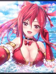  armlet bikini blue_sky blush bow breasts choker cloud day female frilled_bikini frilled_gloves frills game_cg gem gloves hair_ribbon hairbow huge_breasts jewelry long_hair looking_at_viewer navel necklace official_art open_mouth outdoors partially_submerged phantom_of_the_kill ponytail red_eyes red_hair ribbon shekinah_(phantom_of_the_kill) sky solo swimsuit water wet 