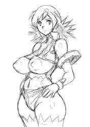  00s breasts female female gloves hair_ornament large_breasts long_hair looking_at_viewer monochrome naomi_fluegel shorts smile solo spiked_hair zoids zoids_shinseiki/zero 