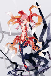  absurdres armpits arms_up bare_shoulders breasts center_opening cleavage commentary_request detached_sleeves elbow_gloves female fingerless_gloves gloves guilty_crown hair_ornament hairclip highres long_hair looking_at_viewer medium_breasts navel nraib pink_hair red_eyes solo standing standing_on_one_leg twintails yuzuriha_inori 