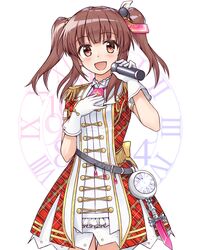  across_the_stars_(idolmaster) belt blush brown_eyes brown_hair clock commentary_request dress epaulettes feather_hair_ornament feathers female gloves hair_ornament highres idolmaster idolmaster_cinderella_girls idolmaster_cinderella_girls_starlight_stage looking_at_viewer ogata_chieri open_mouth pendant_watch plaid plaid_dress short_hair short_sleeves shunichi smile solo twintails watch white_gloves 