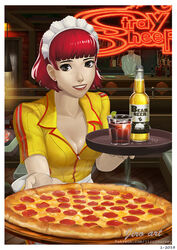  1boy alcohol apron bar_(place) beer black_bra blunt_bangs bra breasts catherine_(game) cleavage commentary drink earrings english_commentary erica_anderson eyelashes female food glass green_eyes jewelry jiro-knightraider lipstick looking_at_viewer maid_headdress makeup medium_breasts mole mole_under_mouth photoshop_(medium) pizza red_hair short_hair stud_earrings thomas_mutton tray underwear waist_apron waitress 