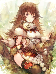  ahoge ascot back_bow backless_outfit belt bow breasts brown_hair bug butterfly capelet chestnut_mouth chobi_(sakuyasakuhana) commentary_request day dress female fur-trimmed_capelet fur-trimmed_collar fur-trimmed_dress fur-trimmed_sleeves fur_trim glowing_butterfly grimms_notes highres in_tree looking_at_viewer medium_breasts messy_hair nature open_mouth outdoors patchwork_clothes paw_print purple_eyes red_bow red_capelet sitting sitting_in_tree solo tatiana_(grimms_notes) thighhighs thighs tree 