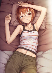  armpits arms_up bare_arms bare_shoulders bed_sheet blush breasts brown_eyes brown_hair brown_shorts camisole chio-chan_no_tsuugakuro collarbone commentary_request female fingernails glasses hand_on_own_head head_tilt highres looking_at_viewer lying md5_mismatch midriff miyamo_chio navel on_back parted_lips photoshop_(medium) pillow revision short_hair short_shorts shorts small_breasts solo striped striped_camisole sweat tomifumi white_camisole 