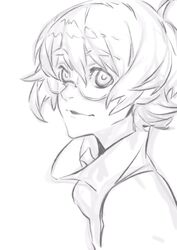  commentary_request female glasses greyscale high_collar highres miwa_shirow monochrome pidge_gunderson reverse_trap short_hair sidelocks simple_background smile solo thick_eyebrows upper_body voltron:_legendary_defender voltron_(series) white_background 