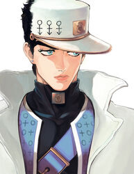  1boy aqua_eyes belt black_hair coat commentary_request diamond_wa_kudakenai earrings hat jewelry jojo_no_kimyou_na_bouken kujo_jotaro lips macaroni_(piyo4508) male_focus photoshop_(medium) solo stud_earrings turtleneck upper_body 