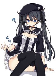  ? arm_support armband bad_id bad_twitter_id beret black_bow black_choker black_dress black_hair black_sailor_collar black_thighhighs blue_eyes blush bow breasts center_frills character_request choker cleavage clothes_lift commentary cross cross_necklace dress female frilled_sailor_collar frilled_skirt frills hair_between_eyes hairbow hat jewelry lifting_own_clothes looking_at_viewer medium_breasts murakami_meishi necklace open_mouth puffy_sleeves sailor_collar simple_background sitting skirt skirt_lift solo thighhighs twintails white_background 