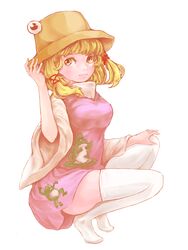  blonde_hair breasts commentary_request dress female hat ma_nyan_(nyao_mao_nyao) medium_breasts moriya_suwako purple_dress short_dress sidelocks solo squatting thighhighs touhou turtleneck white_thighhighs wide_sleeves yellow_eyes zettai_ryouiki 