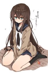  between_legs black_bow black_bowtie black_socks blue_sailor_collar blue_skirt blush bow bowtie brown_cardigan brown_hair cardigan commentary female full_body green_eyes hair_between_eyes hand_between_legs kneehighs leaf long_hair long_sleeves looking_at_viewer murakami_meishi no_shoes original pleated_skirt sailor_collar school_uniform shirt single_sidelock sitting skirt sleeves_past_wrists socks solo translated very_long_hair wariza white_shirt wooden_floor 