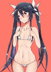  ass_visible_through_thighs bare_arms bare_shoulders bikini black_hair blush closed_mouth collarbone commentary_request cowboy_shot embarrassed female flat_chest hair_between_eyes hair_ribbon hands_up head_tilt long_hair looking_away looking_to_the_side micro_bikini navel ore_twintail_ni_narimasu red_background red_eyes ribbon shiny_skin sidelocks simple_background solo standing stomach sweatdrop swimsuit tsube_aika twintails very_long_hair white_bikini white_ribbon yuto_(dialique) 