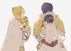  2boys 2girls aged_down alfonse_(fire_emblem) blonde_hair blue_hair braid braided_bun branch brother_and_sister brown_gloves cape carrying closed_eyes closed_mouth commentary_request crown_braid double_bun family father_and_daughter father_and_son fire_emblem fire_emblem_heroes from_behind fur_cape gloves gradient_hair grey_background gustav_(fire_emblem) hair_bun henriette_(fire_emblem) holding husband_and_wife lolicon long_hair long_sleeves mother_and_daughter mother_and_son multicolored_hair multiple_boys multiple_girls open_mouth pink_hair sasaki_(dkenpisss) sharena_(fire_emblem) short_hair siblings signature simple_background sleeping 