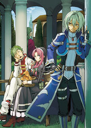  2boys 2girls ao_no_kiseki basket bench black_gloves blue_eyes boots building closed_eyes commentary_request crossed_legs eating ein_selnate eiyuu_densetsu fingerless_gloves gloves green_hair habit hair_between_eyes hair_tubes hand_on_own_hip head_rest high_heel_boots high_heels jacket jewelry kevin_graham long_hair long_sleeves looking_at_another medallion multiple_boys multiple_girls nun ono_(littleprayer) pants parted_bangs pendant pillar pink_hair puffy_long_sleeves puffy_sleeves ries_argent shirt shoes short_hair sidelocks sitting sora_no_kiseki sweatdrop wazy_hemisphere yellow_eyes 