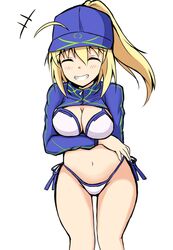  +++ ^_^ absurdres ahoge arm_under_breasts artoria_pendragon_(fate) baseball_cap bikini blue_hat blue_jacket blush breast_hold breasts cleavage closed_eyes commentary_request facing_viewer fate/grand_order fate_(series) female flat_cap grin groin hair_between_eyes hair_through_headwear hat high_ponytail highres jacket long_hair long_sleeves medium_breasts mitchi mysterious_heroine_xx_(fate) navel ponytail shrug_(clothing) side-tie_bikini_bottom smile solo standing swimsuit white_bikini 