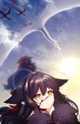  animal_ears antenna_hair black_hair blood blood_on_face blue_sky blurry bow chains collar commentary_request dragon dress falia_the_queen_of_the_mountains female fox_ears hairbow konshin kshelle_schwarz long_hair off-shoulder_dress off_shoulder pixiv_fantasia pixiv_fantasia_last_saga puppet red_bow sky slit_pupils solo tears yellow_eyes 