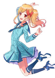  :d aikatsu!_(series) aikatsu_stars! aqua_dress arm_up blonde_hair blue_dress blue_footwear blue_necktie blue_sailor_collar blue_socks bow commentary_request dress female fingernails hairbow hand_up high_heels highres index_finger_raised kneehighs long_hair long_sleeves looking_at_viewer looking_to_the_side necktie nijino_yume open_mouth pleated_dress red_bow red_eyes rurukuru sailor_collar sailor_dress school_uniform shoes sidelocks simple_background smile socks solo teeth twintails upper_teeth_only white_background yotsuboshi_academy_school_uniform 