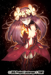  ;| bare_shoulders black_background black_thighhighs breasts brown_hair cleavage commentary_request copyright_name female fire flaming_hand flower hair_flower hair_ornament hanayo_(wixoss) hand_on_own_stomach hand_up ishibashi_yosuke long_hair medium_breasts navel official_art red_skirt skirt solo standing thighhighs watermark wixoss 