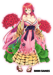  ;d animal_print bare_shoulders black_bow bow breasts cleavage commentary_request copyright_name dmm female floral_background floral_print flower flower_knight_girl full_body geranium geranium_(flower_knight_girl) hair_flower hair_ornament highres huge_breasts japanese_clothes kimono leaf long_hair long_tongue looking_at_viewer name_connection obi object_namesake official_art one_eye_closed open_mouth print_kimono red_flower red_hair sandals sash sheath sheathed shuz_(dodidu) smile snake solo standing sword tiger_print tongue very_long_hair waist_bow weapon white_background yellow_eyes yukata 