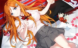  3girls ayame_(bleach) bad_id bad_pixiv_id black_hair bleach bow bowtie breasts chinese_clothes closed_mouth collared_shirt copyright_name emyo grey_eyes grey_skirt hair_ornament hair_spread_out haori heart holding_hands inoue_orihime japanese_clothes kneehighs large_breasts long_hair looking_at_viewer low_twintails lying mini_person minigirl miniskirt multiple_girls on_back orange_hair photoshop_(medium) pleated_skirt red_bow red_bowtie school_uniform shirt shirt_tucked_in short_sleeves shun&#039;oh_(bleach) shun_shun_rikka skirt smile snowflake_hair_ornament socks taichou_haori tsubaki_(bleach) twintails white_legwear white_shirt 