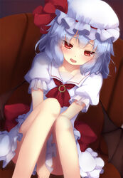  bat_wings blue_hair blush bow brooch commentary depressed female gengetsu_chihiro hat hat_bow jewelry mob_cap open_mouth photoshop_(medium) puffy_sleeves red_eyes remilia_scarlet sitting solo tears touhou wings 