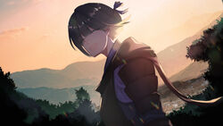  :d absurdres arm_at_side black_hair bush closed_eyes cloud commentary_request dutch_angle facing_viewer female highres inna_the_queen_of_the_ruined_country mochiya99 open_mouth outdoors photoshop_(medium) pixiv_fantasia pixiv_fantasia_last_saga short_hair smile solo sunset 