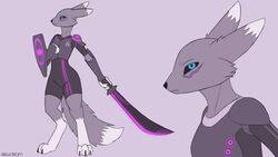  16:9 anthro armor arwokom assassin bandai_namco black_sclera blue_eyes canid canine clothed clothing cyber_(disambiguation) cyberpunk determined digimon digimon_(species) female glowing hi_res looking_at_viewer mammal melee_weapon military ranger renamon shield solo standing suit sword weapon widescreen 