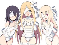  3girls :d @_@ abigail_williams_(fate) absurdres bandage_over_one_eye bandaged_arm bandaged_leg bandages bare_shoulders blonde_hair blue_eyes blush breasts brown_eyes cleavage clenched_hands closed_mouth collarbone commentary_request cosplay cowboy_shot fate/grand_order fate/kaleid_liner_prisma_illya fate_(series) flying_sweatdrops groin hair_between_eyes hair_ornament hairclip hands_up highres illyasviel_von_einzbern kingprotea_(fate) kingprotea_(fate)_(cosplay) leaning_forward long_hair matching_outfits mitchi miyu_edelfelt multiple_girls nose_blush open_mouth parted_bangs red_eyes simple_background small_breasts smile very_long_hair w wavy_mouth white_background 