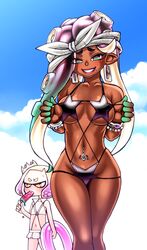  2girls bad_id bad_pixiv_id blue_eyes bracelet breasts cephalopod_eyes chiba_toshirou cloud cloudy_sky collarbone colored_skin commentary_request crown dark-skinned_female dark_skin earrings eyes_visible_through_hair flat_chest food gradient_eyes gradient_hair inkling innertube jewelry large_breasts looking_at_viewer marina_(splatoon) mole mole_under_mouth multicolored_eyes multicolored_hair multicolored_skin multiple_girls navel navel_piercing octoling pearl_(splatoon) piercing pointy_ears popsicle sky smile splatoon_(series) splatoon_2 suction_cups swim_ring swimsuit tentacle_hair thick_eyebrows watermelon_bar yellow_eyes 