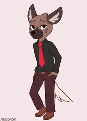  aggretsuko anthro arwokom clothing haida_(aggretsuko) hyena male mammal necktie office sanrio shy solo spotted_hyena suit 