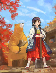  :&lt; amayadori_machi autumn_leaves axe bear black_hair blunt_bangs blush brown_eyes building closed_eyes closed_mouth cloud commentary_request day female hair_ribbon hakama hakama_skirt hands_on_hilt headband holding japanese_clothes kumai_natsu kumamiko legs_apart long_hair looking_up low_twintails miko mizore_akihiro open_mouth outdoors partial_commentary ribbon sandals skirt sky standing tree twintails white_legwear white_ribbon wood zouri 