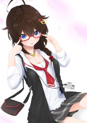  absurdres ahoge alternate_costume bag blue_eyes braid brown_hair camera casual closed_mouth collarbone commentary_request evening female finger_to_eyewear glasses grey_skirt hair_flaps hair_ornament hair_over_shoulder hair_ribbon highres jewelry kantai_collection long_hair long_sleeves petals red-framed_eyewear red_ribbon ribbon semi-rimless_eyewear shigure_(kancolle) shigure_kai_ni_(kancolle) shirt shoes shoulder_bag single_braid skirt sleeves_rolled_up solo thighs tongue tongue_out tutinako under-rim_eyewear vest white_shirt 