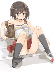  backpack bad_id bad_twitter_id bag black_socks blue_eyes blush breasts brown_hair camisole cleavage collarbone female full_body highres kneehighs murakami_meishi original panties pantyshot pleated_skirt red_skirt shoes single_shoe sitting skirt small_breasts socks solo stairs strap_slip sweatdrop underwear uwabaki white_background white_panties 