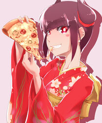  alternate_costume black_hair blush_stickers cheese_trail commentary_request eyebrows female food grin holding holding_food holding_pizza japanese_clothes kazama_kotaro_(yatagarasu) kimono obi oerba_yun_fang photoshop_(medium) pizza pizza_slice red_eyes red_kimono sash scrunchie short_twintails smile solo twintails urujika wide_sleeves yatagarasu_(game) yukata 